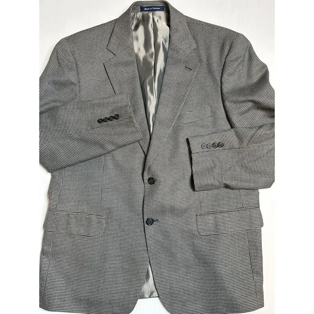Alan Flusser Mens 42 S Blazer‎ Gray Houndstooth Silk/ Wool Blend Sport Coat